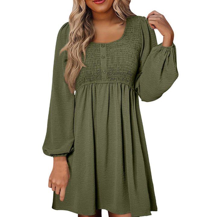 Pleated A-line long-sleeve dress