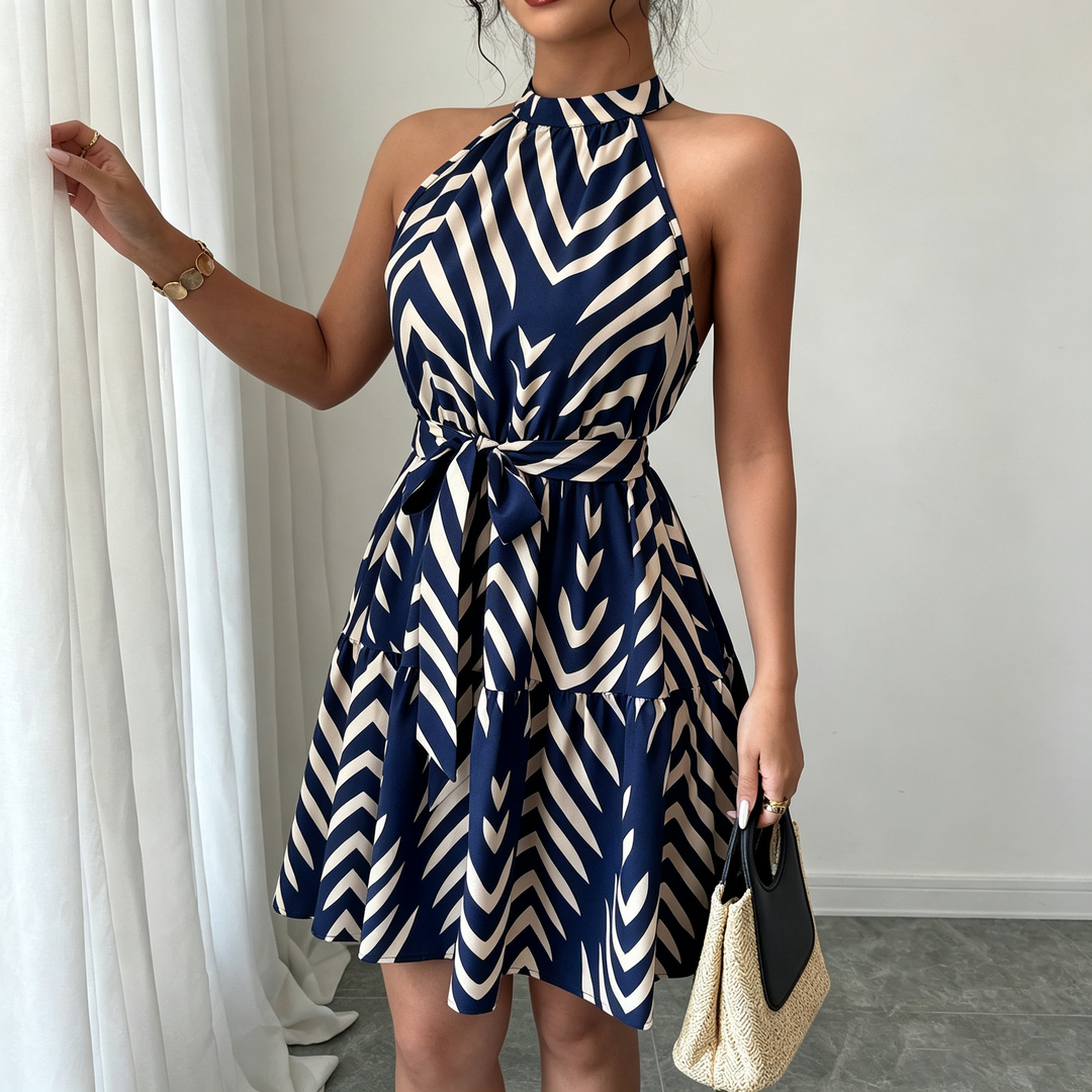 Halter Neck Tie Waist Swing Mini Dress