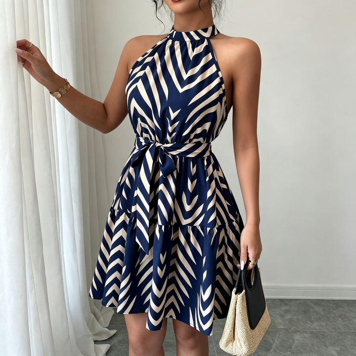 Halter Neck Tie Waist Swing Mini Dress