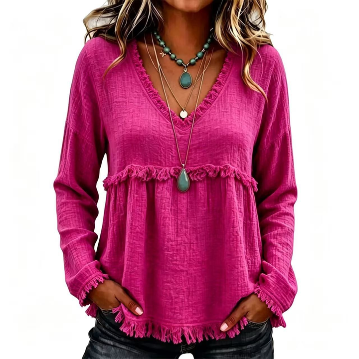 Boho Fray Trim V Neck Long Sleeve Top
