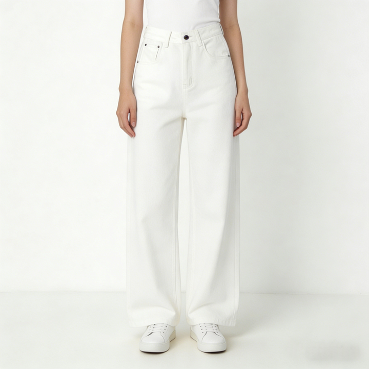 High Waist Straight Leg White Jeans | Relaxed Fit Wide Leg Denim Pants