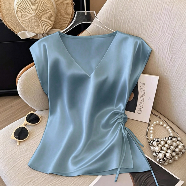 Satin V Neck Cap Sleeve Drawstring Top