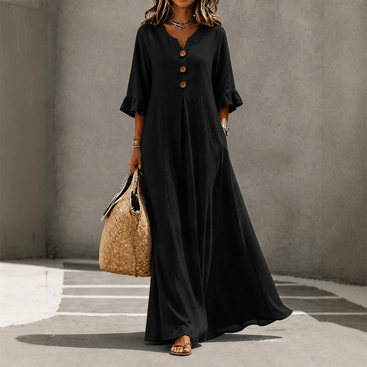 Solid color V-neck loose-fitting maxi dress