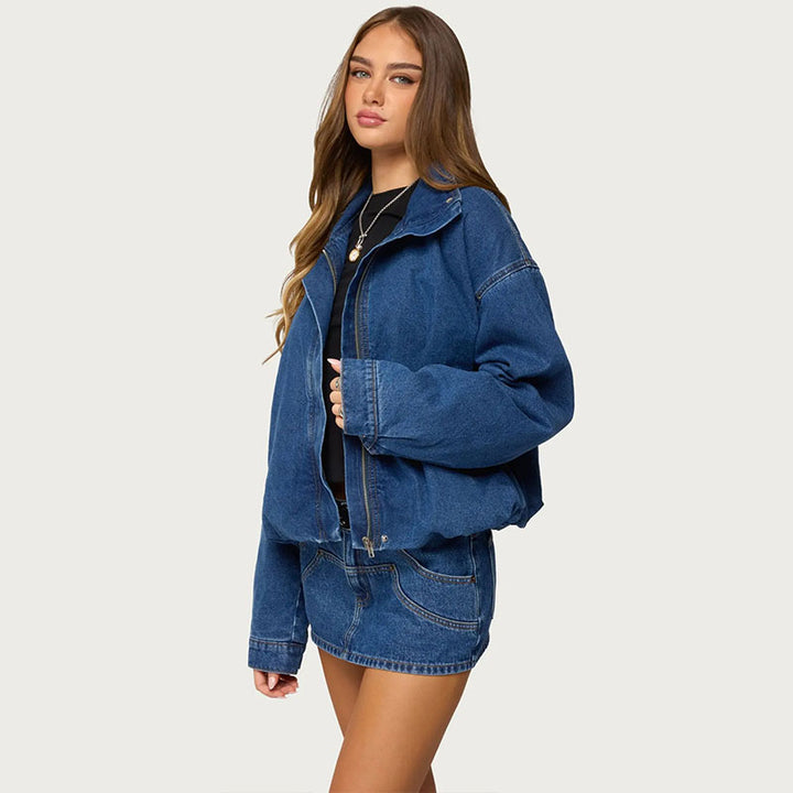 Minimalist stand-collar denim jacket