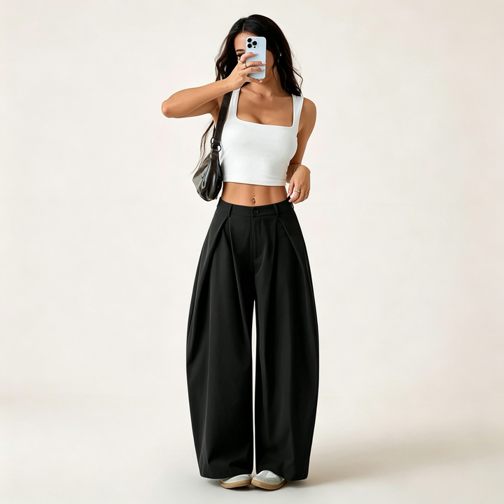 Solid color loose low-waisted wide-leg pants