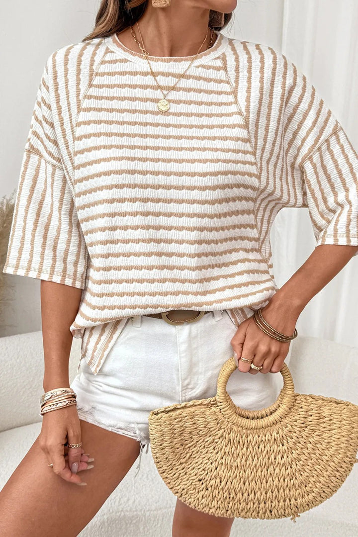 Pink Textured Striped Raglan Sleeve Casual Tee