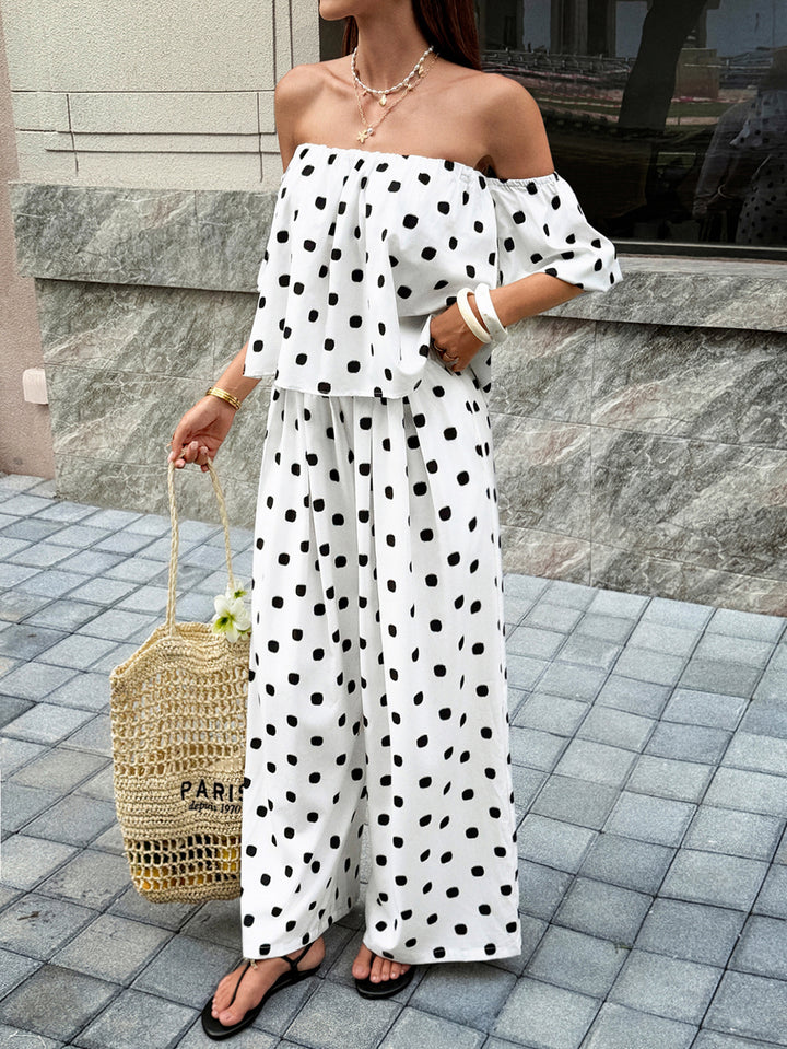 White Polka Dot Off-Shoulder Two-Piece Set