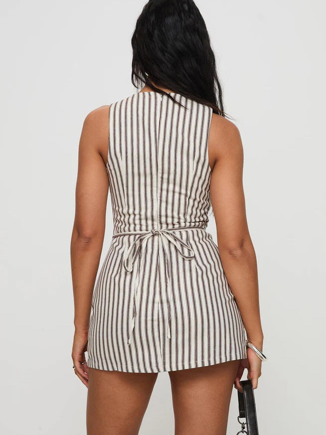 Linen-BlendSleeveless Striped Mini Dress with Back Tie