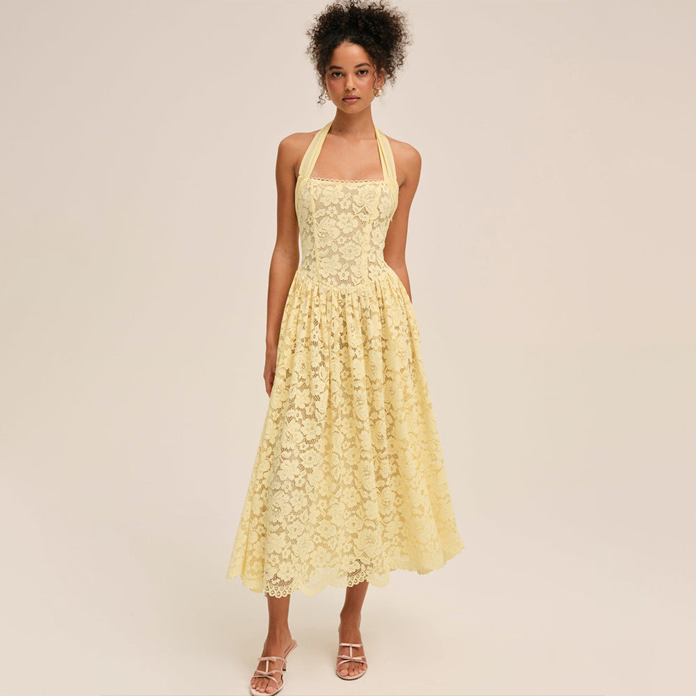 White Lace Halter Neck Midi Dress