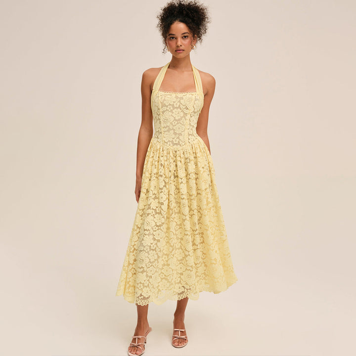 White Lace Halter Neck Midi Dress