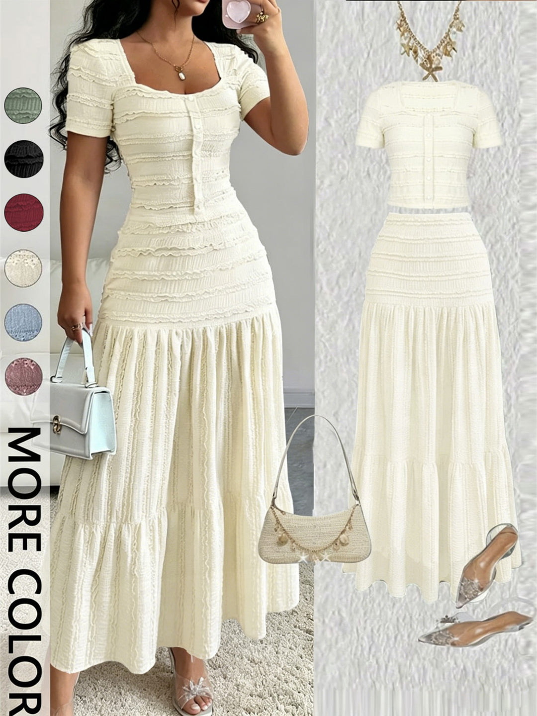 Square Neck Ruffled Textured Crop Top &amp;amp; Tiered Maxi Skirt Two-Piece Set