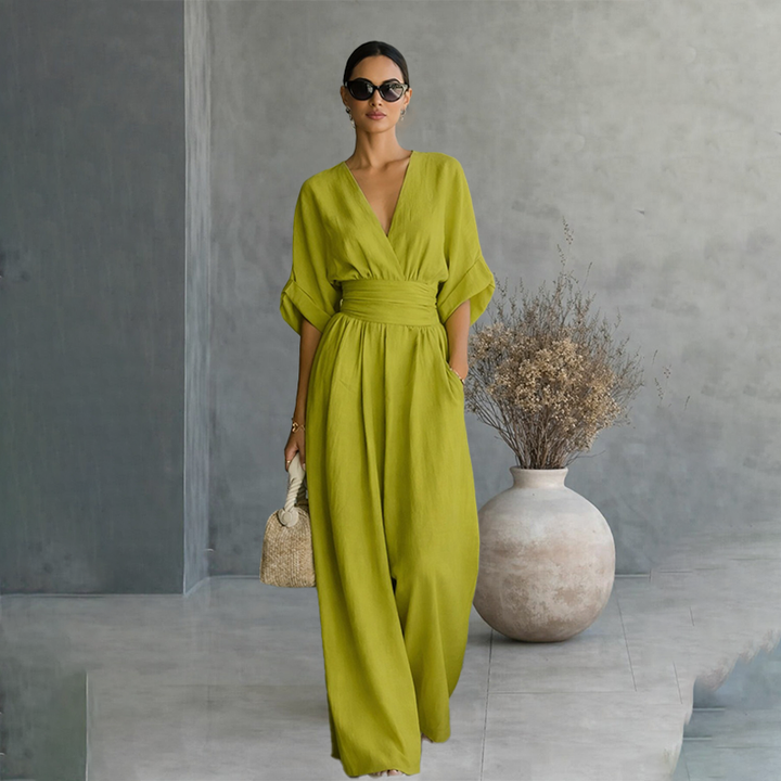V-neck waist-cinching jumpsuit
