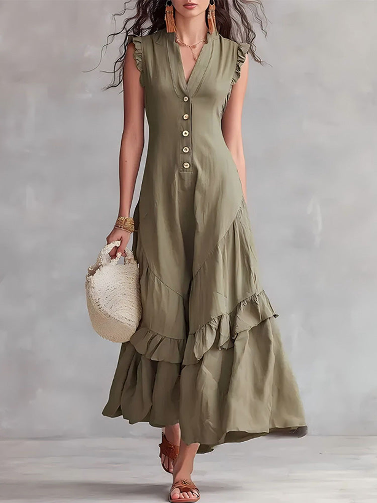 Elegant Ruffled Cotton Linen Sleeveless Dress
