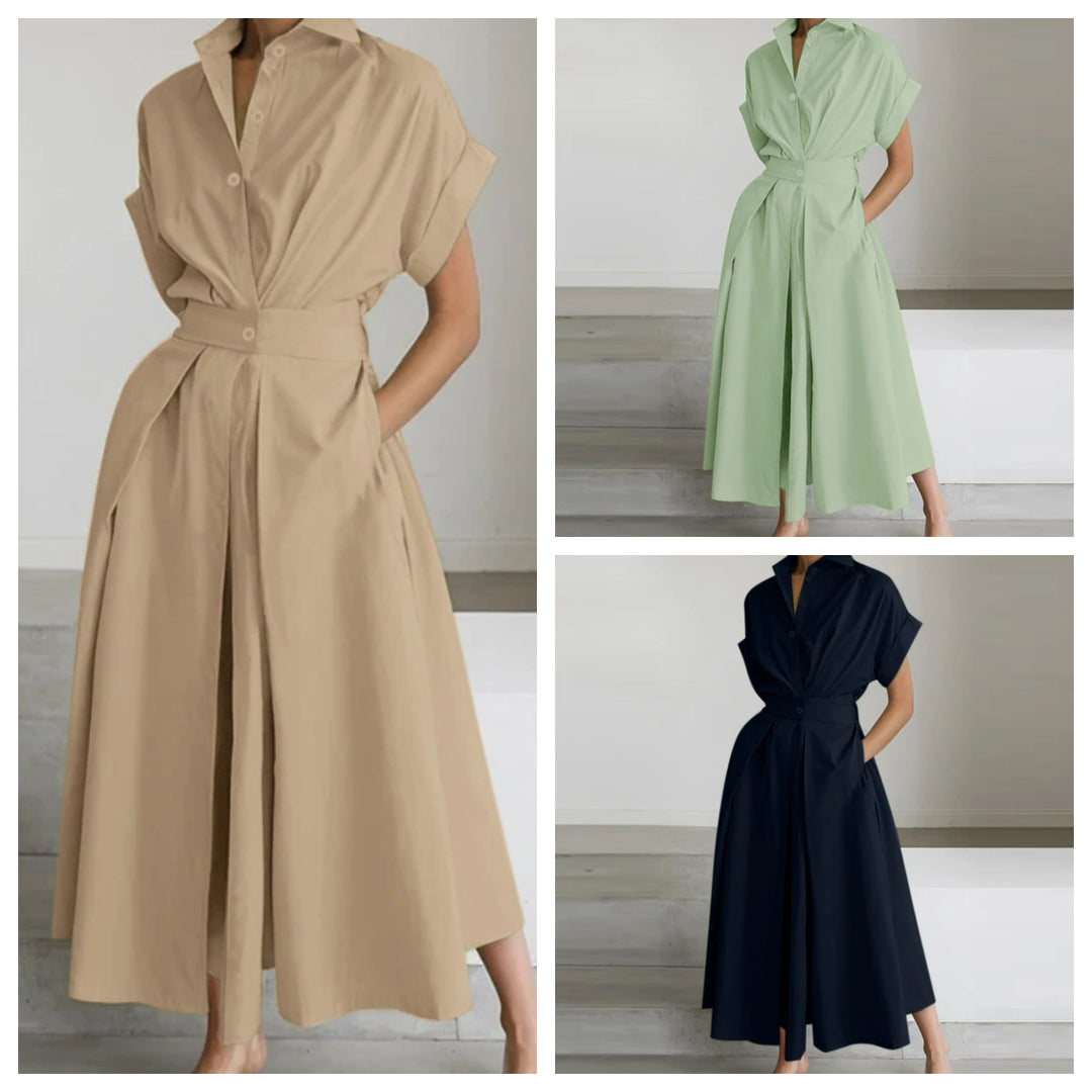 Solid Color Woven Collared Shirt Dress