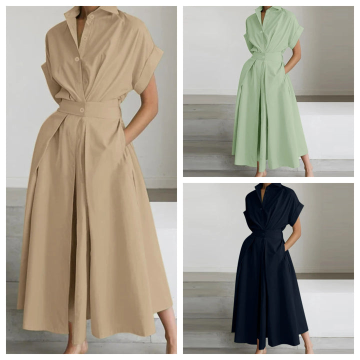 Solid Color Woven Collared Shirt Dress
