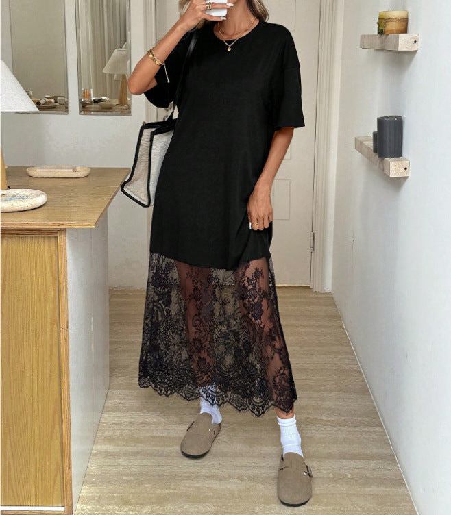 Black Oversized T-Shirt Maxi Dress with Lace Hem, Casual Layered Look