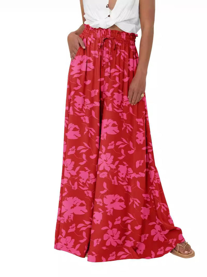 Light Blue Floral Print Elastic Waist Wide Leg Palazzo Pants