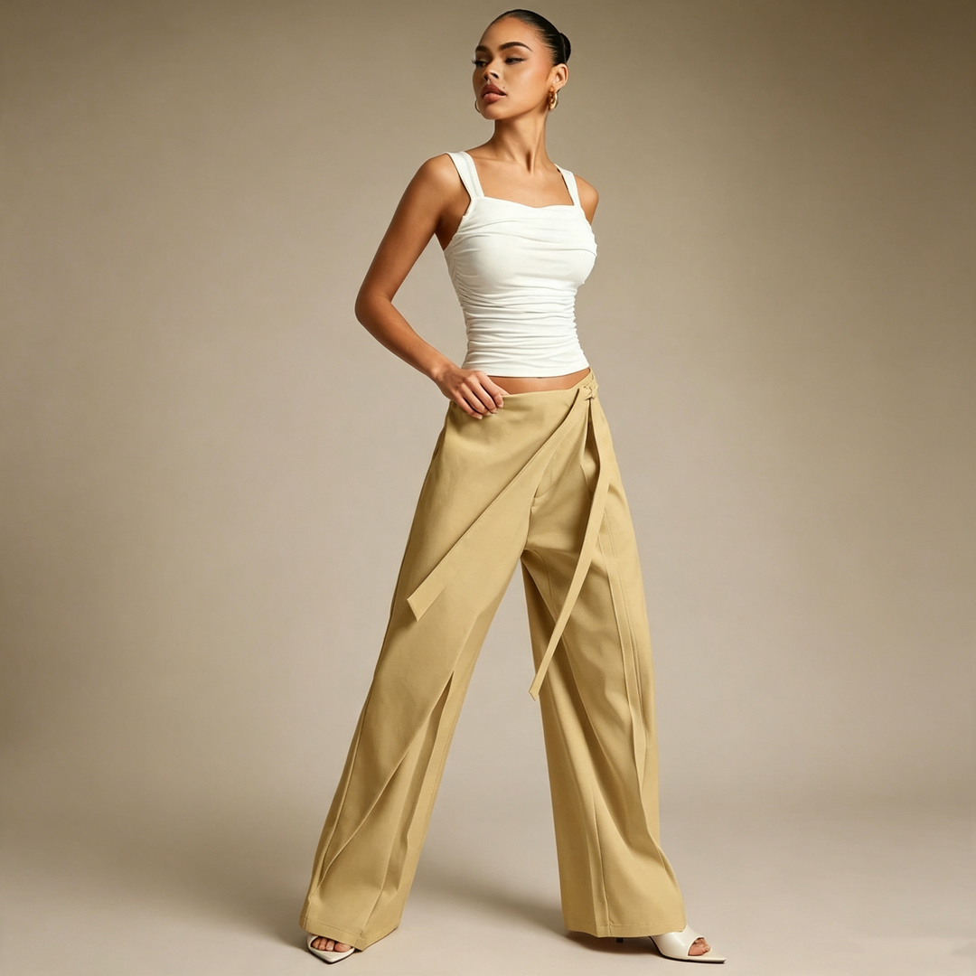 Criss-Cross Wrap Waist Wide Leg Pants