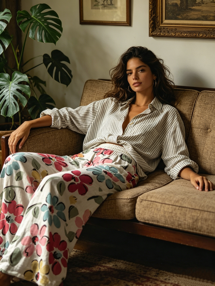 Watercolor Floral Elastic High Waist Wide Leg Palazzo Pants