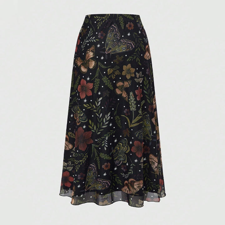 Floral Print Mesh High Waist A-Line Skirt