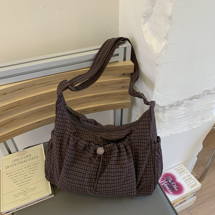 Drawstring Checkered Hobo Shoulder Bag
