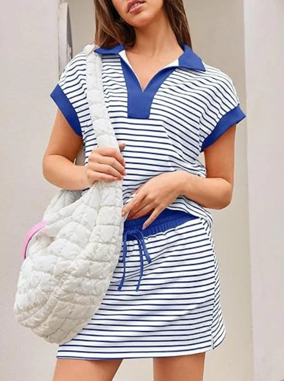 Striped Loungewear Set, Polo Collar Top &amp; Drawstring Mini Skirt Co-Ord