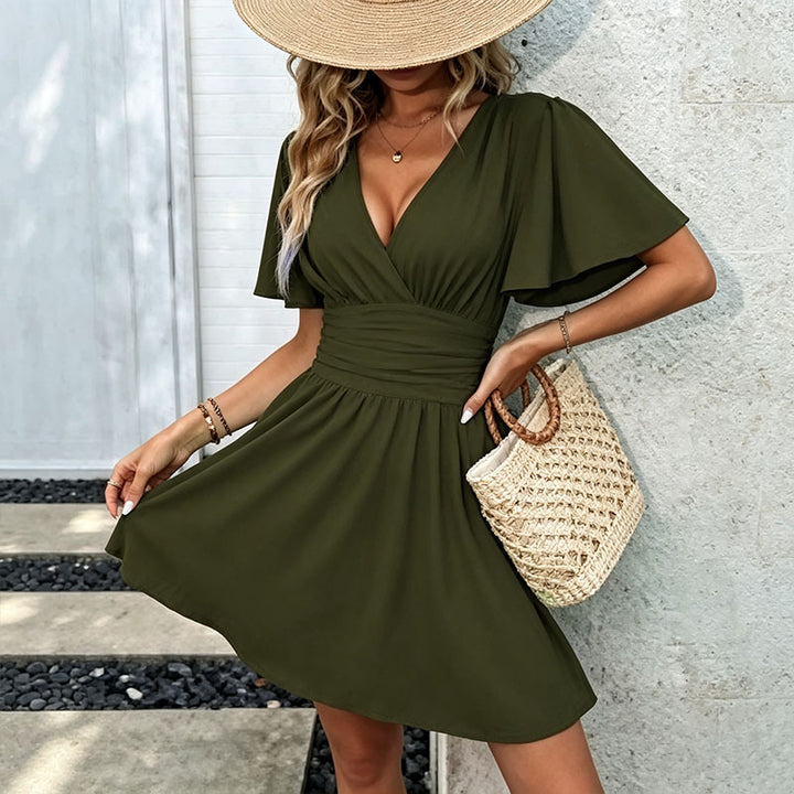 Deep V-neck dress with ruffled sleeves