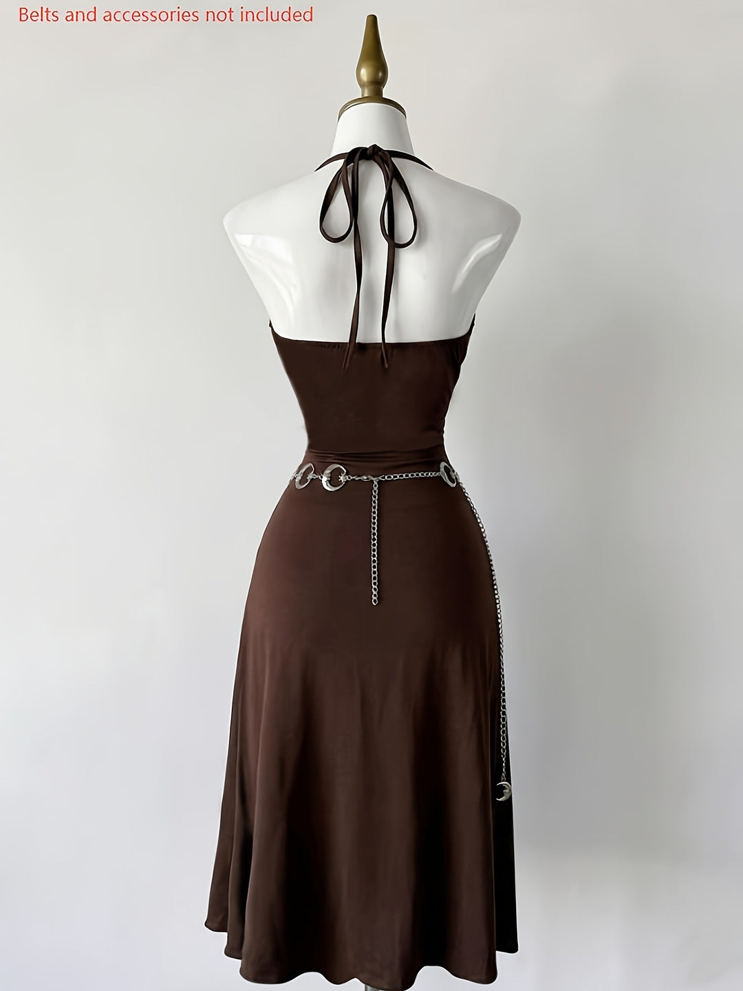 Brown Sun-Embroidered Halter Mermaid Maxi Dress