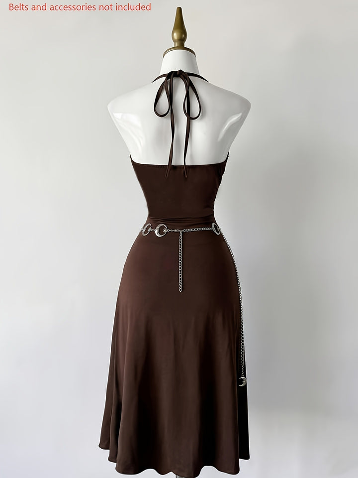Brown Sun-Embroidered Halter Mermaid Maxi Dress