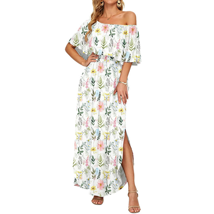 Printed off-shoulder short-sleeved long dress