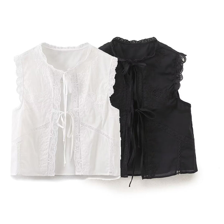 Lace Trim Tie-Front Cropped Vest | Romantic detail. Effortless layering.