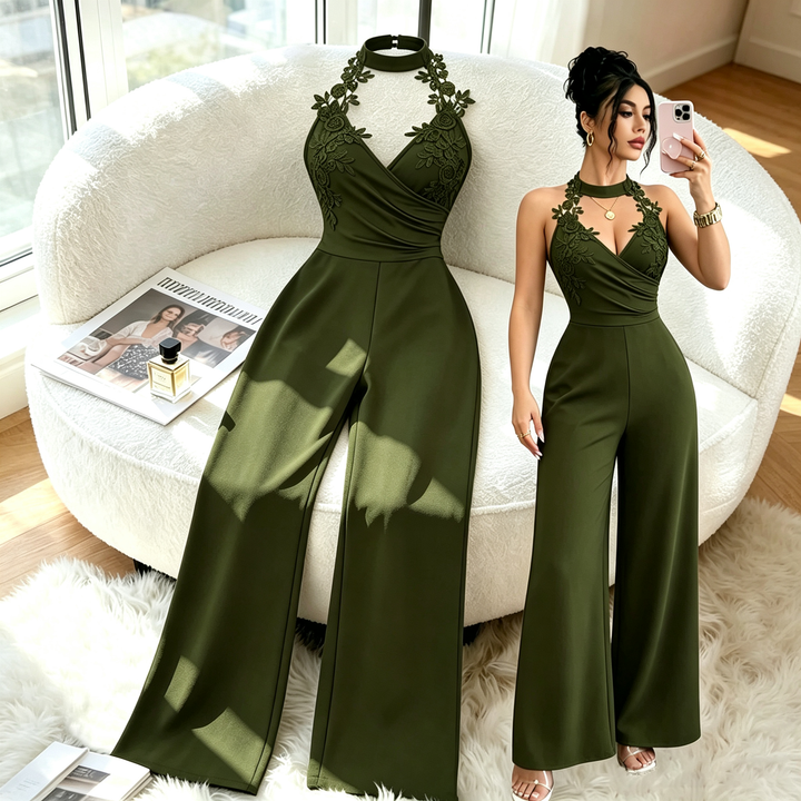 Halter Floral Lace Applique Wide Leg Jumpsuit
