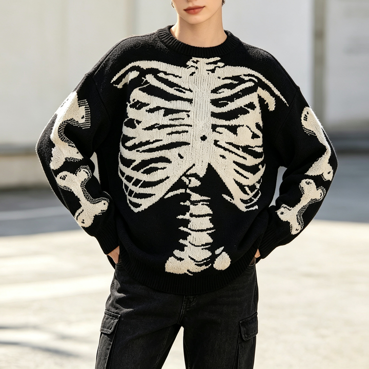 Gothic-style loose-fit knit sweater with skull print