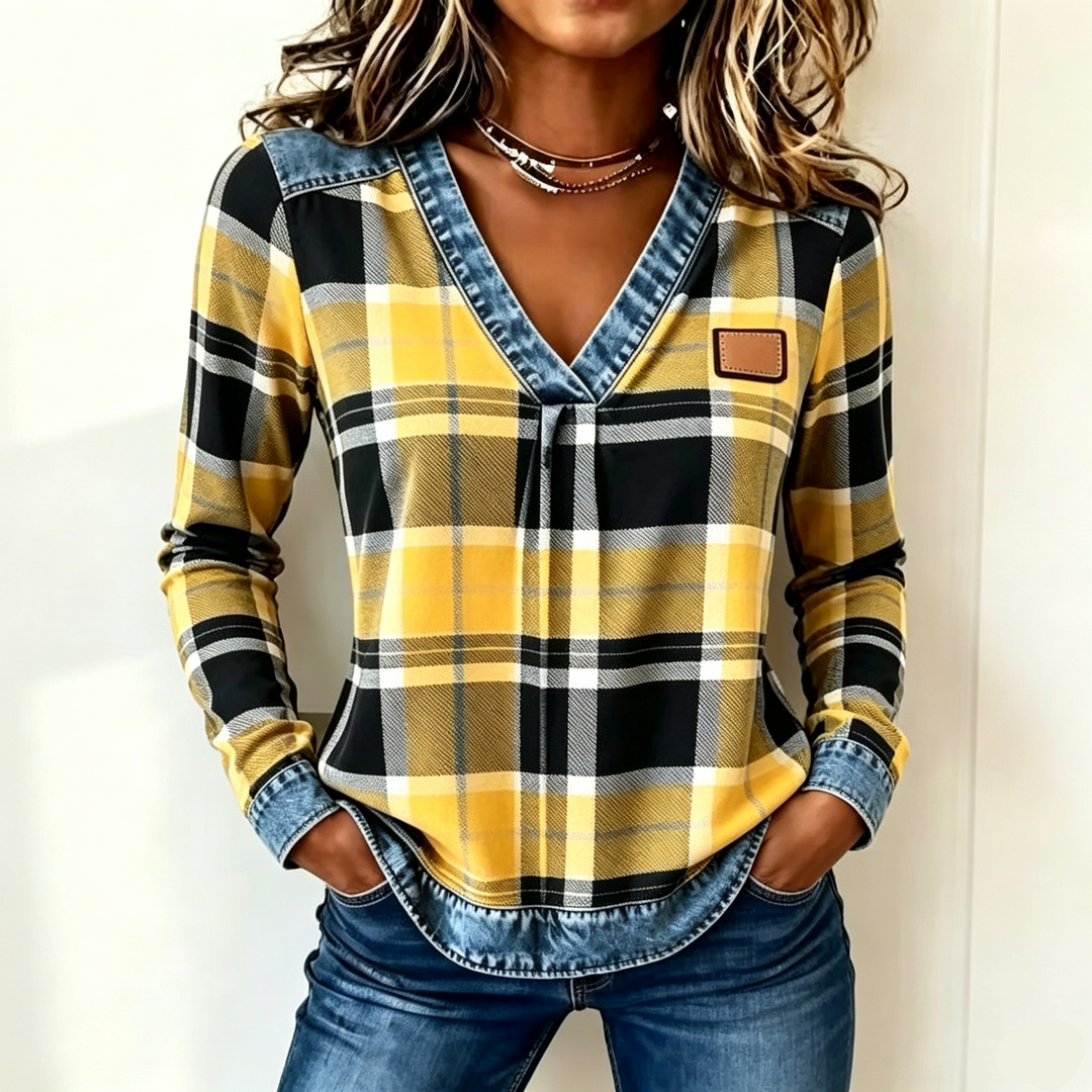 Denim Trim Plaid Print V Neck Top