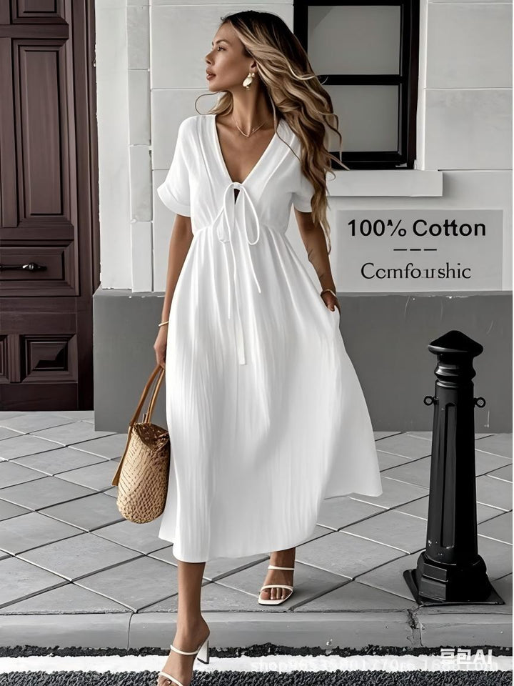 Crinkle Texture Tie Front V Neck Short Sleeve Midi Swing Dress With Pockets