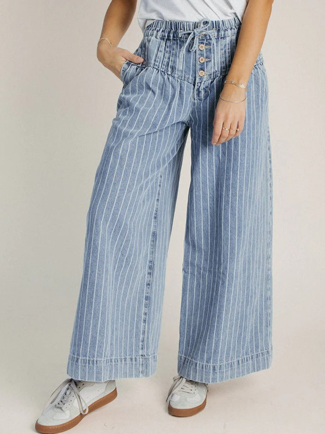 High-Waisted Denim Wide Leg Pants with Corset Waist