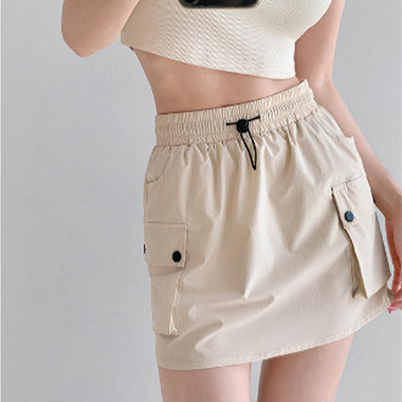 High-waisted drawstring A-line cargo skirt