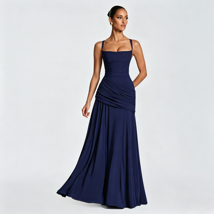 Minimalist Square Neck Ruched Waist Floor Gown