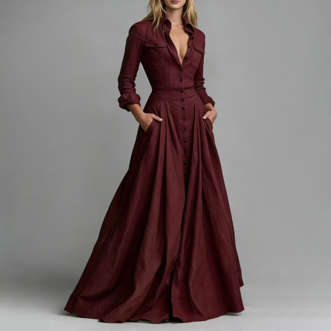 Waist Defined Button Front Maxi Shirt Gown