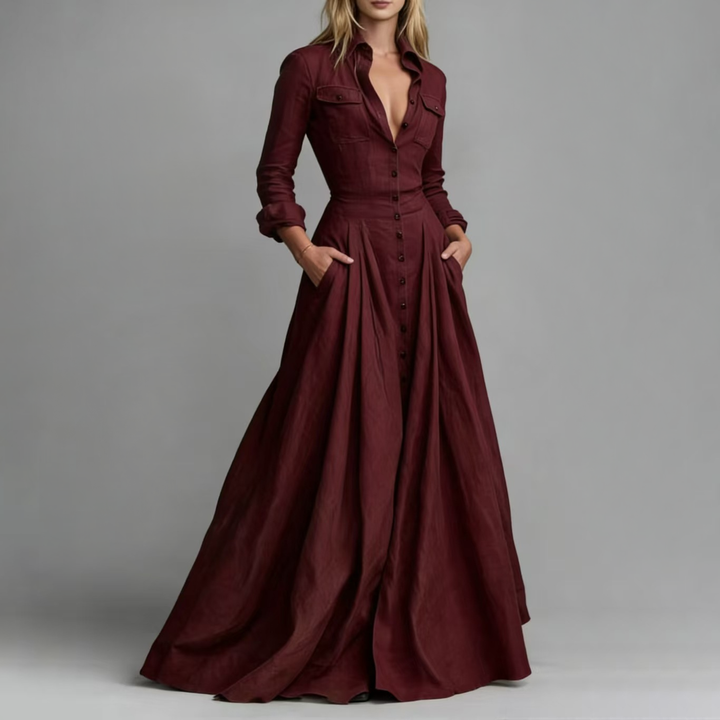Waist Defined Button Front Maxi Shirt Gown