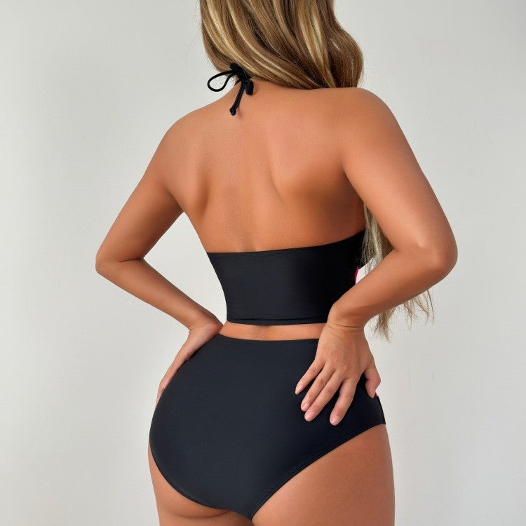 Black &amp;amp; Hot Pink Color-Block Cutout Bikini Set