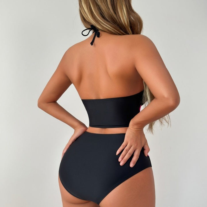 Black &amp;amp; Hot Pink Color-Block Cutout Bikini Set