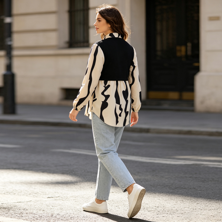 Panel Collar Peplum Abstract Pattern Shirt