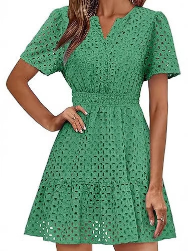 Eyelet Embroidery Short Sleeve Mini Dress, Smocked Waist Casual Summer Dress