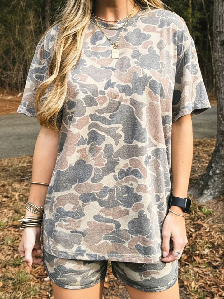 Soft Camouflage Loungewear Set, Oversized Tee &amp;amp; Drawstring Shorts