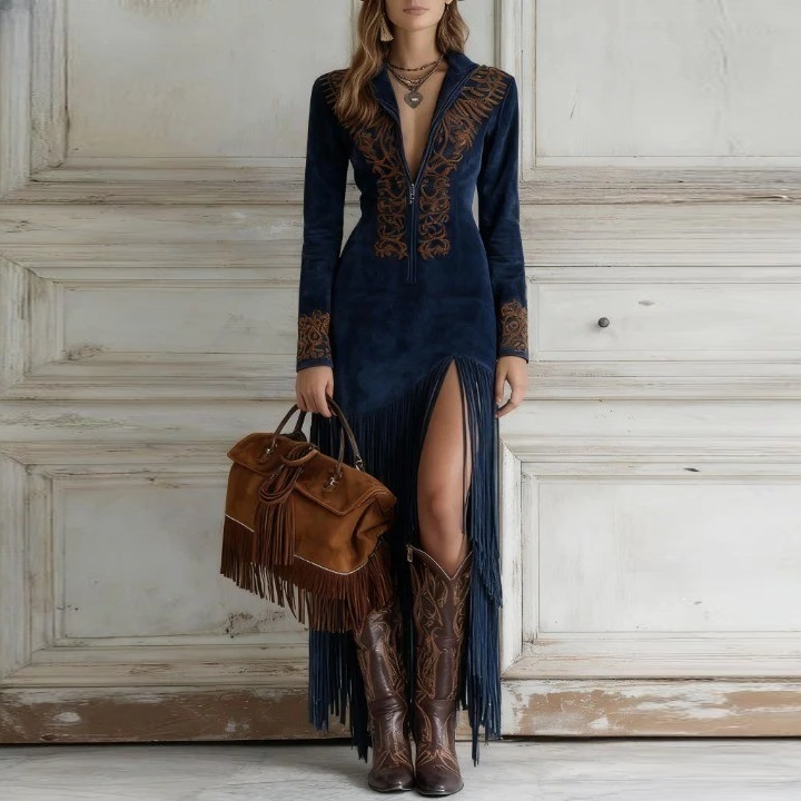 High Slit Western Fringe Embroidered Dress