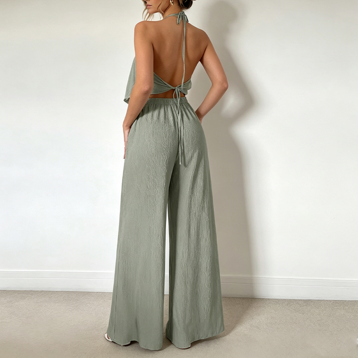Halter Tie Back Textured Top And Wide Leg Pants Set