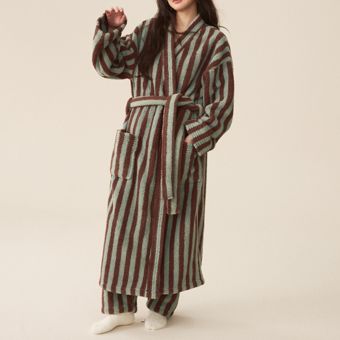 Pocketed Striped Plush Long Robe