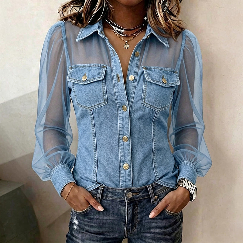 V-neck printed denim-style long-sleeved top