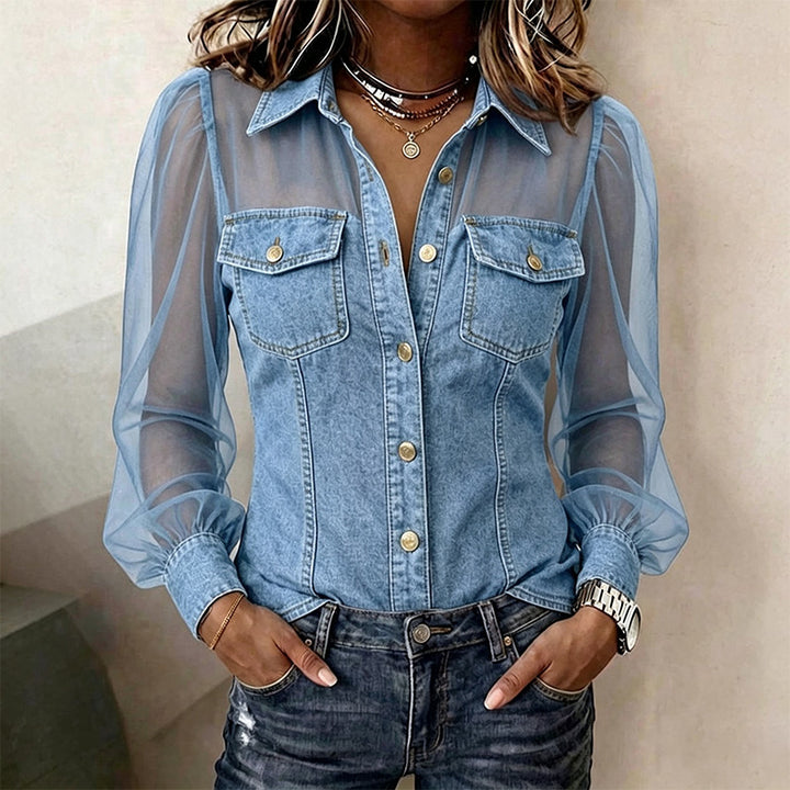V-neck printed denim-style long-sleeved top
